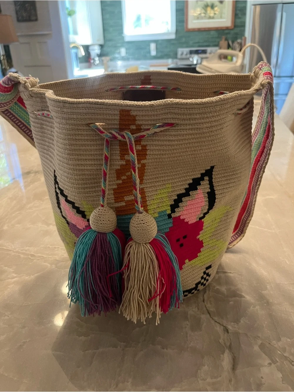 Handwoven Cream Tote Satchel with Multicolor Tassels - Women Bags